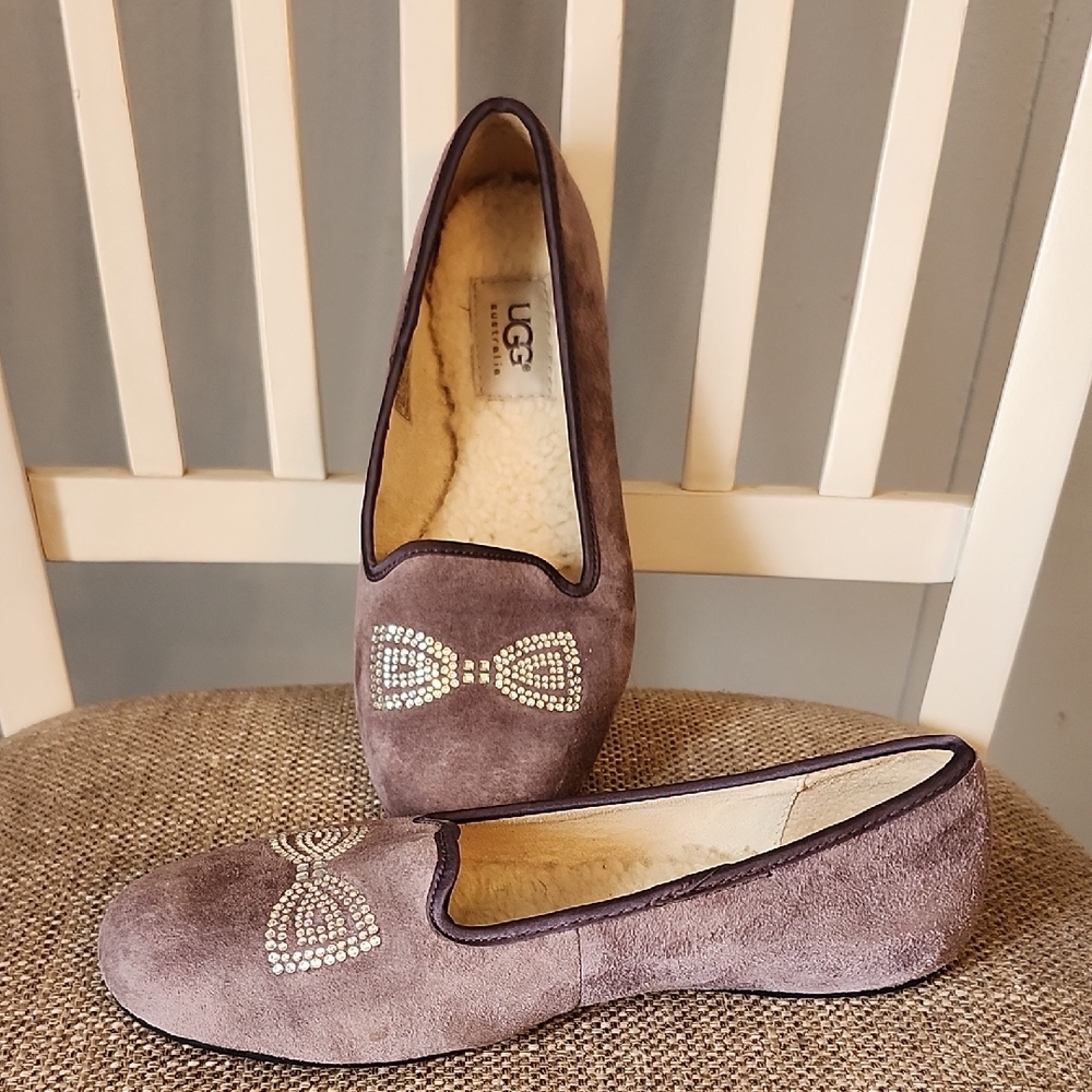 UGG Alloway Crystal Bow Lavender Suede Slip On Flat Shoes
